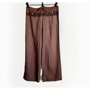 Specchio Brown Boho Gypsy Wide Leg Pants Crochet Lace Trim Coin Size Medium
